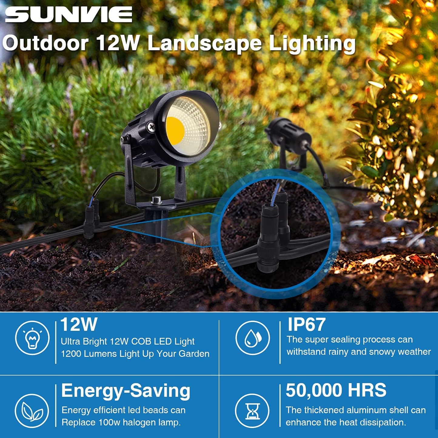 SUNVIE 24 Pack Low Voltage Landscape Lights LED 12W Landscape Lighting with connectors AC/DC 12V-24V Outdoor Spotlight IP65 Waterproof Tree Flag Lights Warm White Spotlights for Yard Garden Pathway