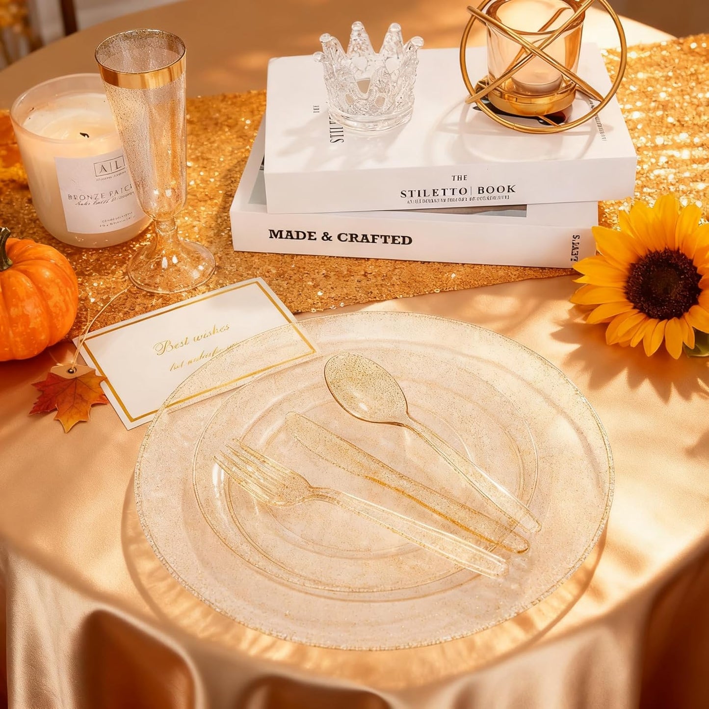 WDF 120PCS Gold Plastic Plates- Disposable Gold Glitter Plates, Premium Heavy Duty 60-10.25" Dinner Plate and 60-7.5" Salad Plate for Thanksgiving Parties &Wedding