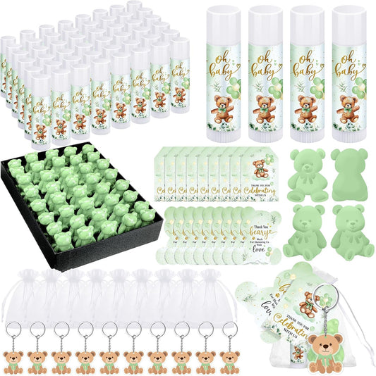 288 Baby Shower Favors Baby Shower Gifts Bulk Lip Balms Soaps Keychains Organza Bags Guest Appreciation Gift with Thank You Tags and Cards for Boys Girls Guest Gift(Green,Bear)