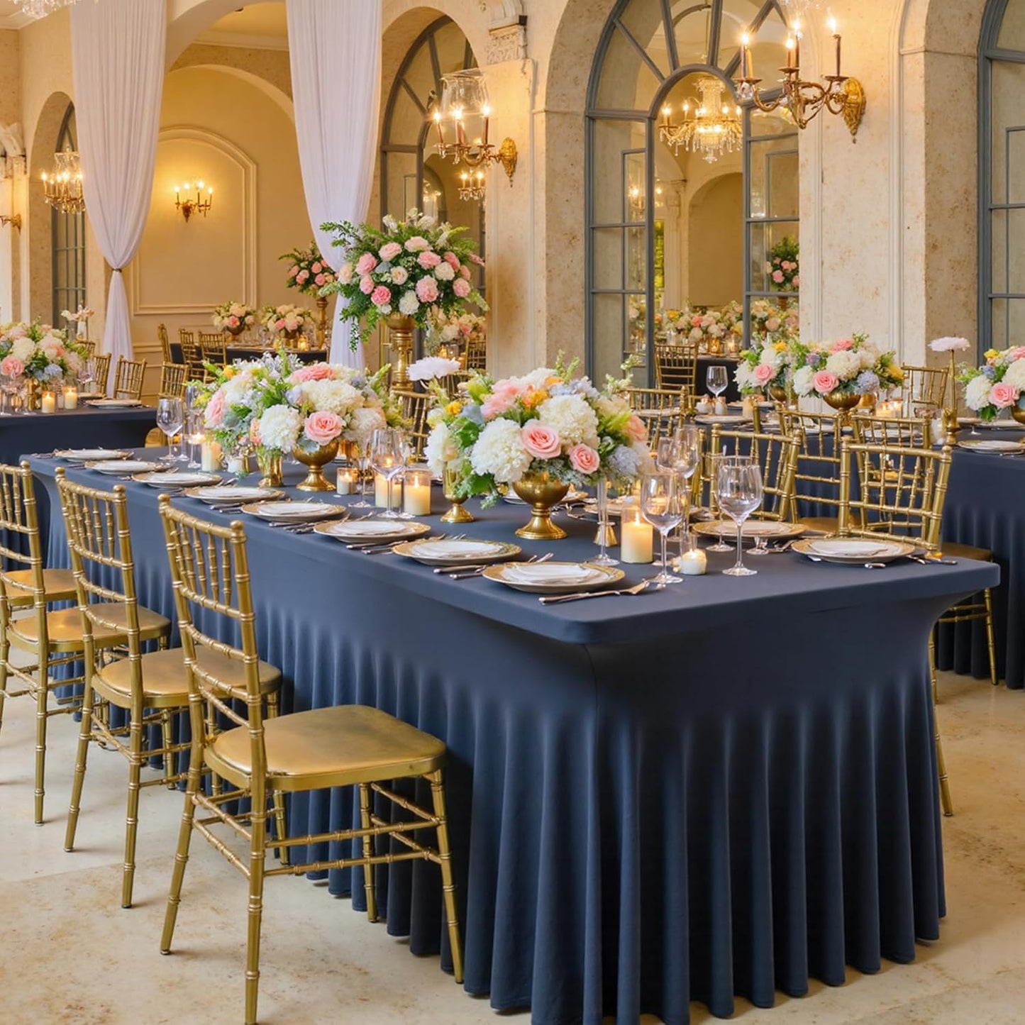 6 pk Navy Blue Spandex Tablecloth 6ft with Ruffled Skirt, Wrinkle Free High Stretch Fitted Tablecloths for 6 Foot Rectangle Tables, Elastic Navy Spandex Table Covers 6 ft for Graduation Wedding Party