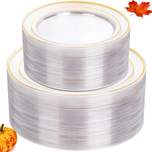 I00000 102 Pcs Clear Gold Plastic Plates - Disposable Party Plates, Gold Disposable Include 51 Dinner Plates and 51 Dessert Plates, Plastic Plates for Party, Holiday, Wedding & Birthday