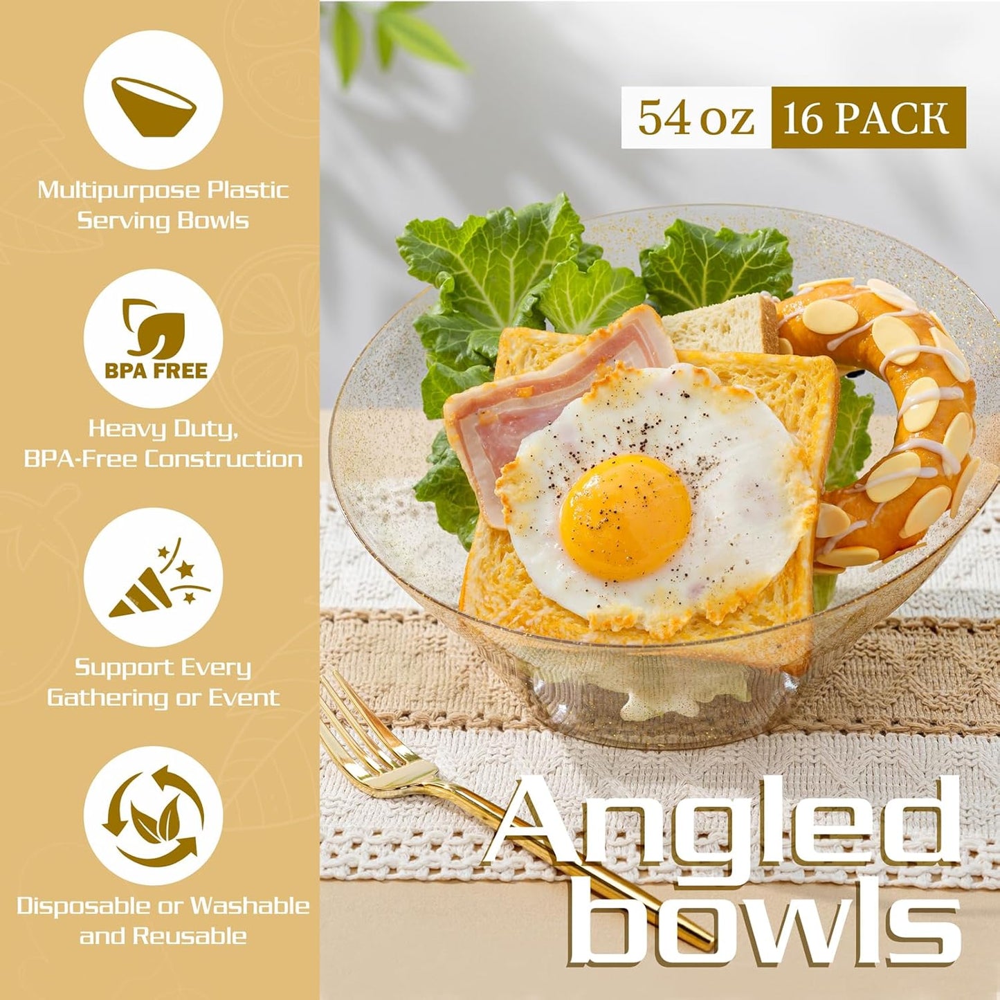 Liacere 16PCS Gold Plastic Serving Bowls - 54 OZ Angled Table Salad and Fruit Bowls Disposable for Chip&Candy - Ideal for Party &Thanksgiving