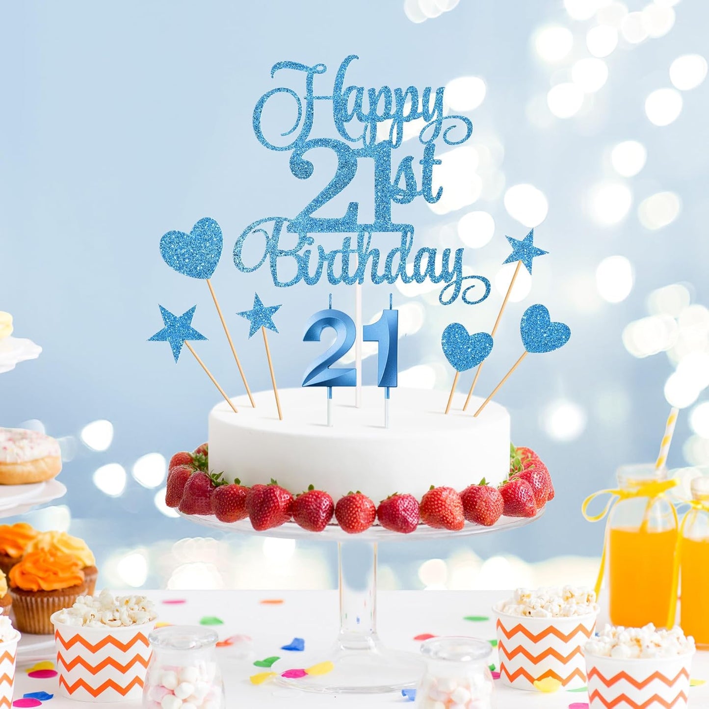 21st Birthday Cake Toppers, 21st Birthday Candles Numeral Candles and Glitter Cake Decorations Toppers Set for Party Supplies (Blue)