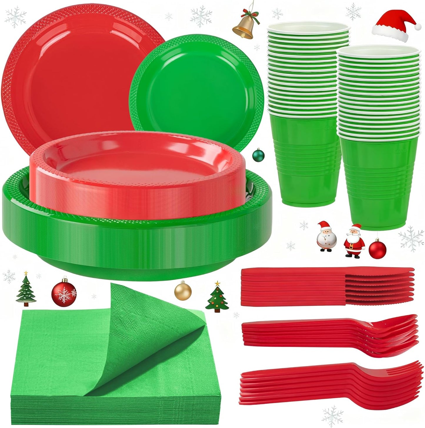 WELLIFE 210Pcs Chrastmas Plates Disposable,Red and Green Plastic Plates,Including red Dinner Plates,Green Dessert Plates, Red Plastic Cutlery, 12OZ green Cups and Napkins,Serve 30 Guests for Chrastmas