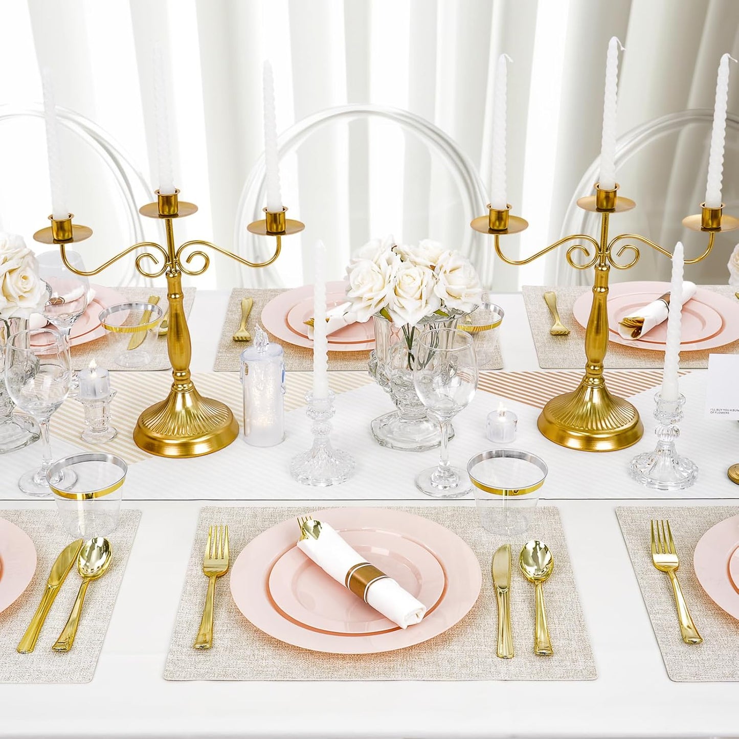 350 PCS Pink Plastic Dinnerware Set for 50 Guests, 100 Disposable Plates for Party, 50 Pre Rolled Napkins with Gold Silverware, 50 Cups for Wedding, Graduation