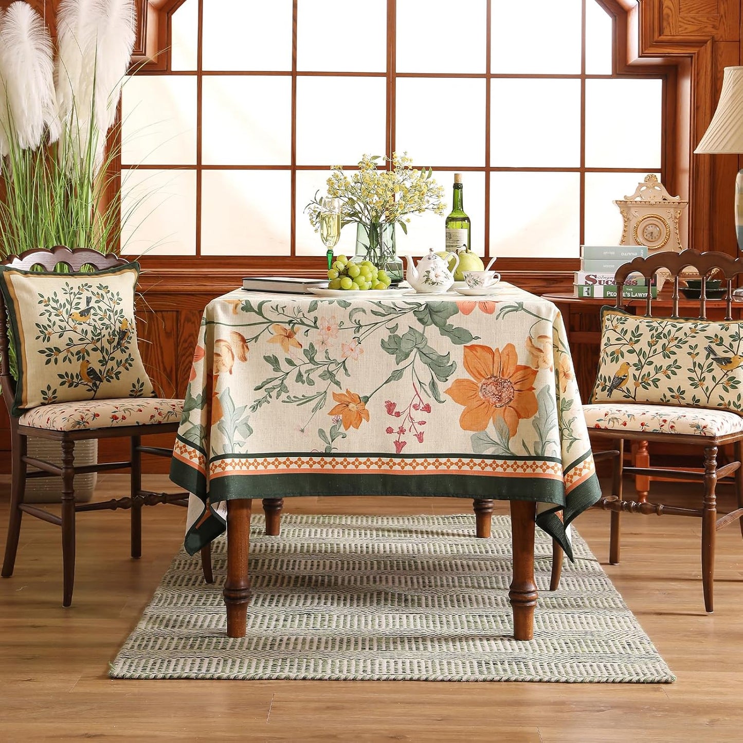 French Long Tablecloth for Rectangle Table,Linen Orange Floral Wrinkle Resistant Tablecloths,Decorative Table Cover for Kitchen,Dining,Tea Party,Thanksgiving,Christmas,63"*94"-Milch