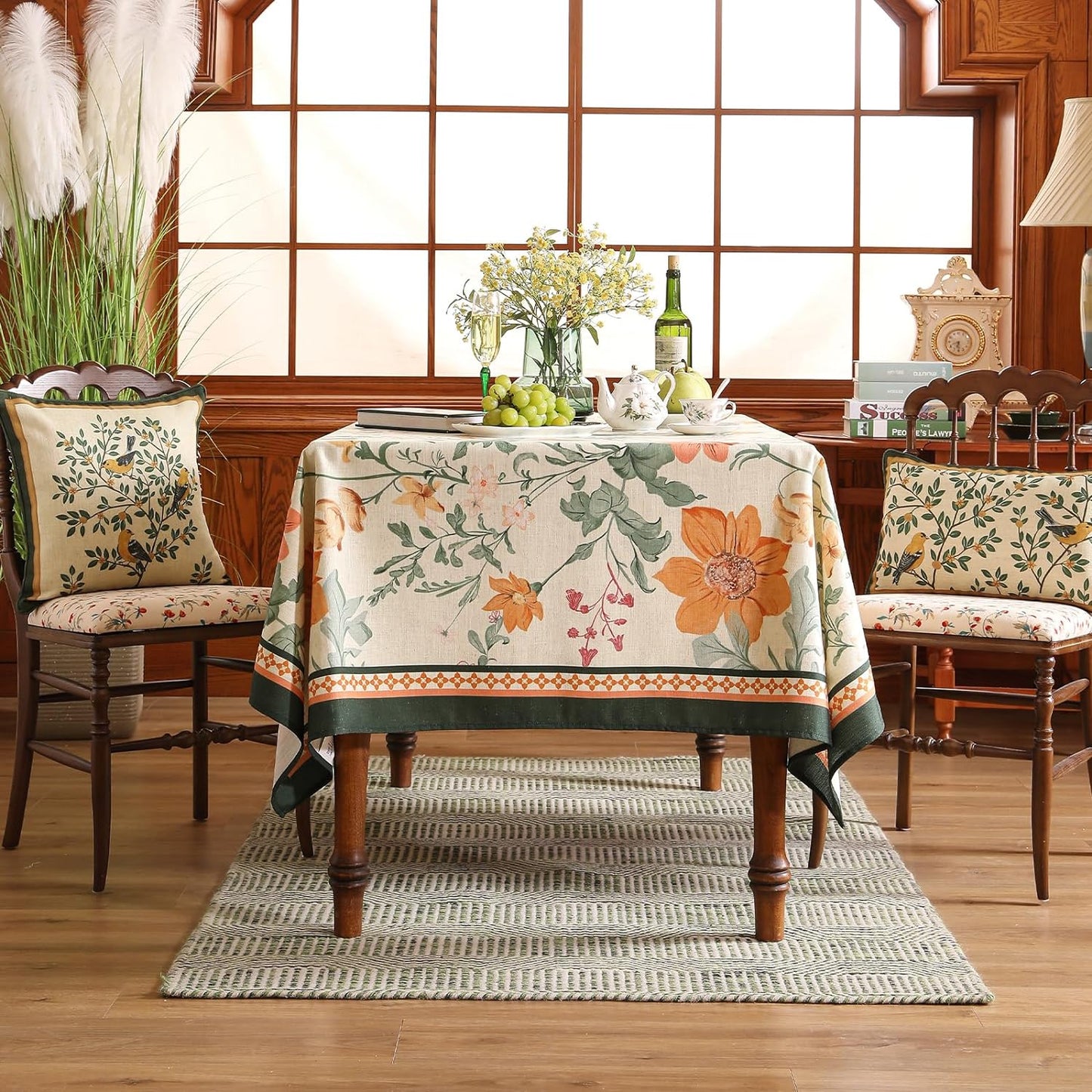 French Linen Small Square Tablecloth,Orange Floral Pattern Wrinkle Resistant Table Cloth,Decorative Table Cover for Kitchen,Dining,Thanksgiving,Tea Party,Christmas,55"*55"-Milch