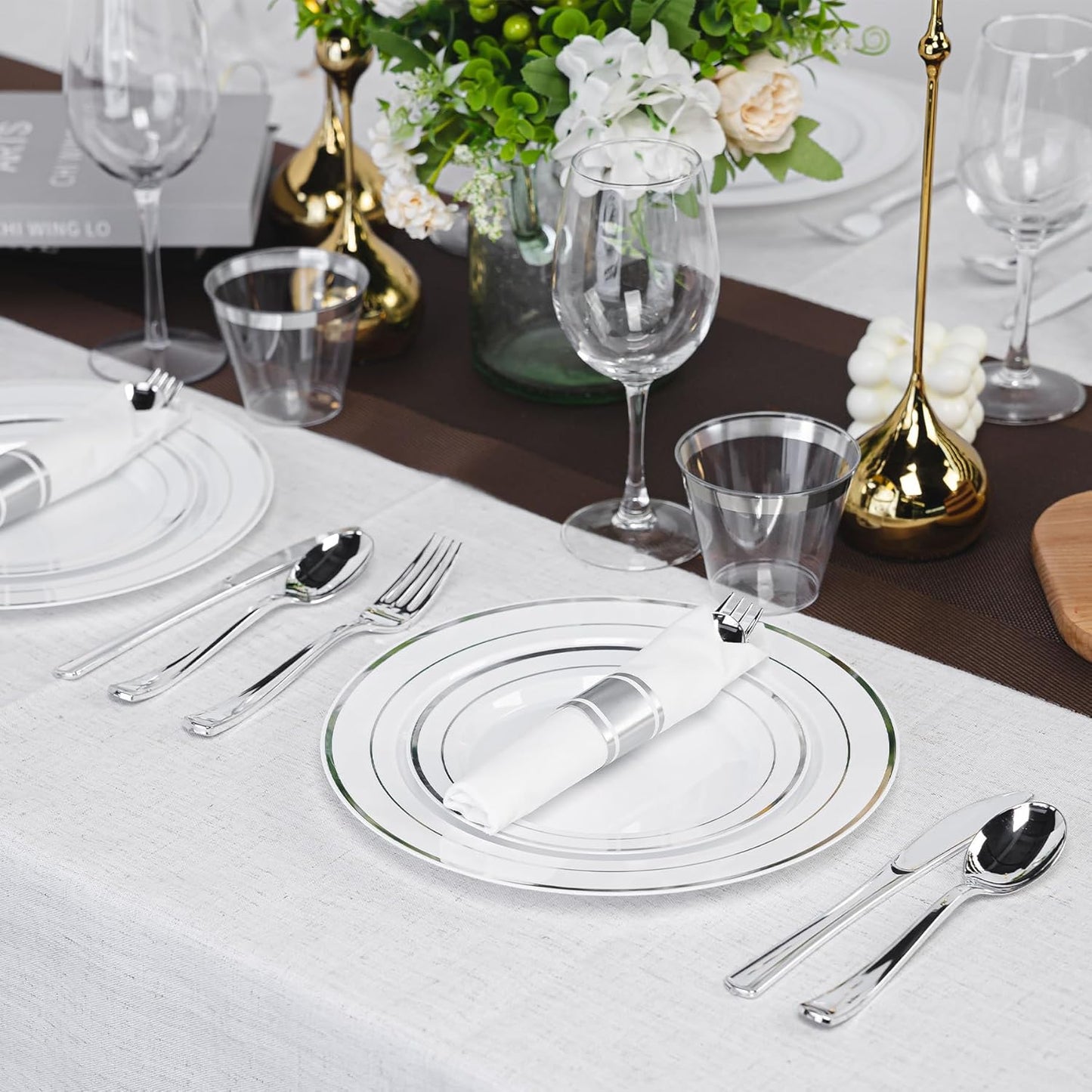 350PCS Silver Plastic Plates Dinnerware Set, Thanksgiving Disposable Plates, 50 Dinner and 50 Dessert Plates, 50 Pre Rolled Napkins with Silverware and 50 Cups for Party and Wedding