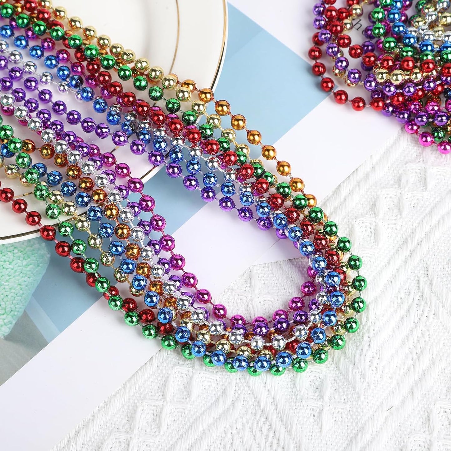 48 Pack Mardi Gras Beads Necklaces, 33 Inch Plastic Beads for Party Favors, Festival Decorations, Parade Throws, Christmas, St. Patrick's Day Celebrations