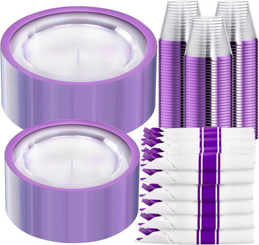 I00000 210 Pcs Clear Purple Plates for 30 Guests, Purple Dinnerware Include 60 Plates, 30 Cups, 30 Pre Rolled Napkins with Cutlery Set for Party and Wedding