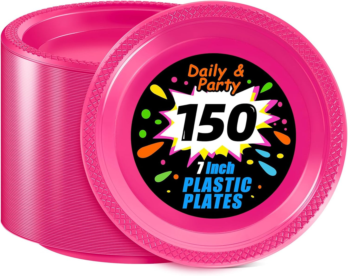 WELLIFE Hot Pink Party Plates 7 Inch -150 Count, Plastic Disposable Dessert Plates for Party Valentine's Day Cake Appetizers Salad Baby Shower Wedding