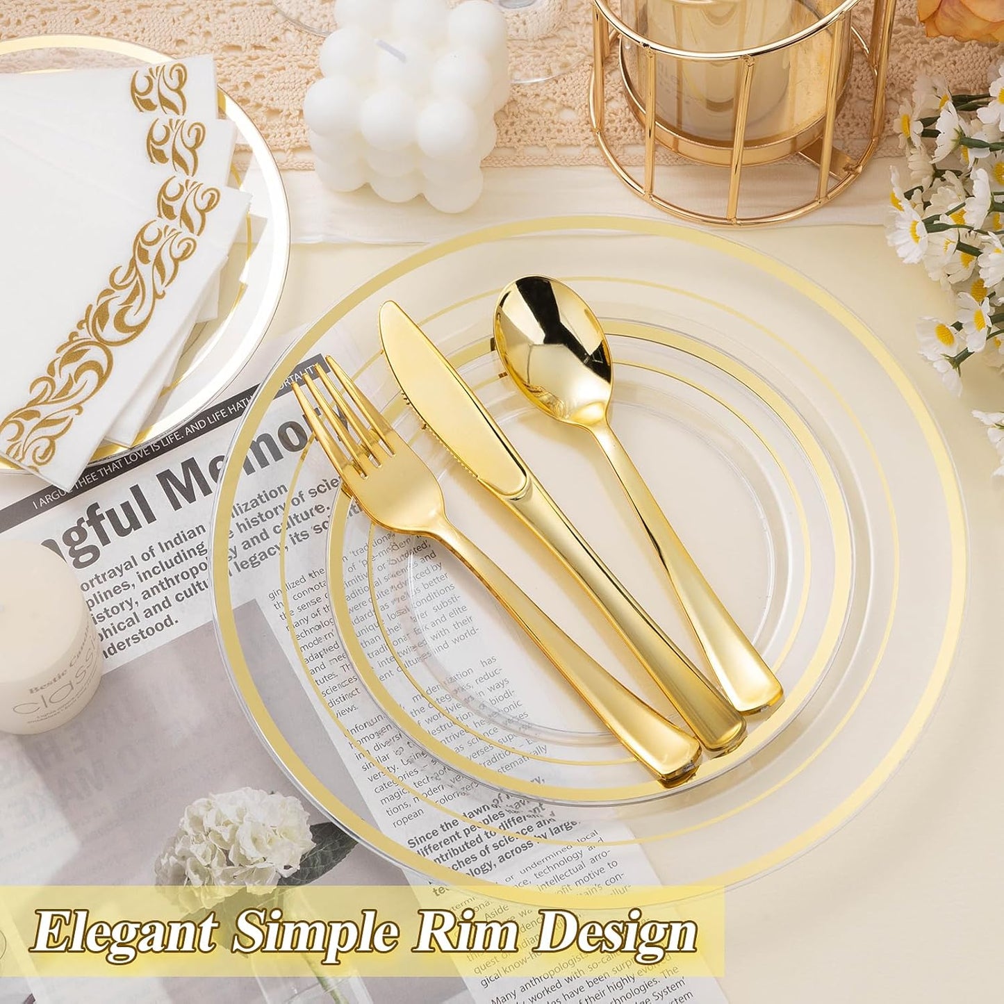 100PCS Clear Gold Plastic Plates Set, 50 10.25 inch Dinner Plates and 50 7.5 inch Dessert Plates, Disposable Plates for Party, Wedding