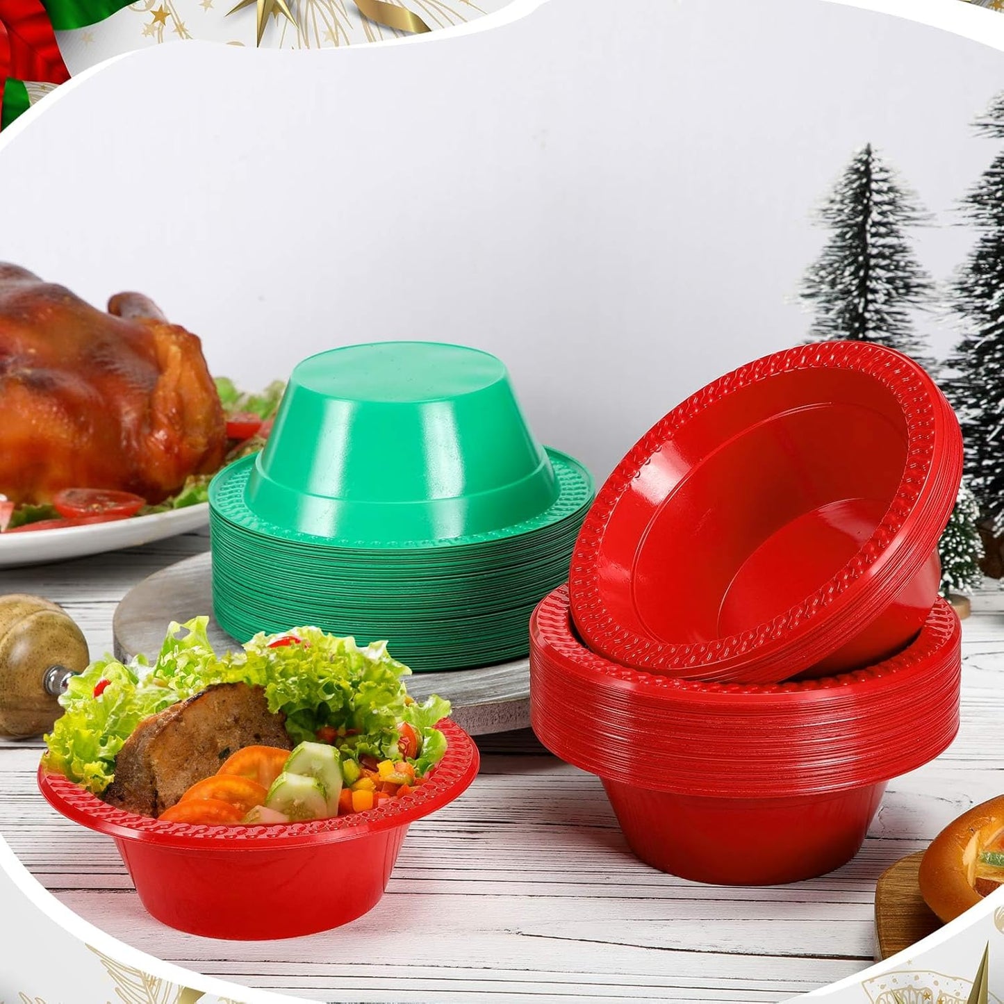 Layhit 100 Pcs Christmas Plastic Bowls 12 oz Disposable Salad Red Green Plastic Serving Xmas Party Supplies Candy Snack Bowls for Christmas Holiday Party Picnic