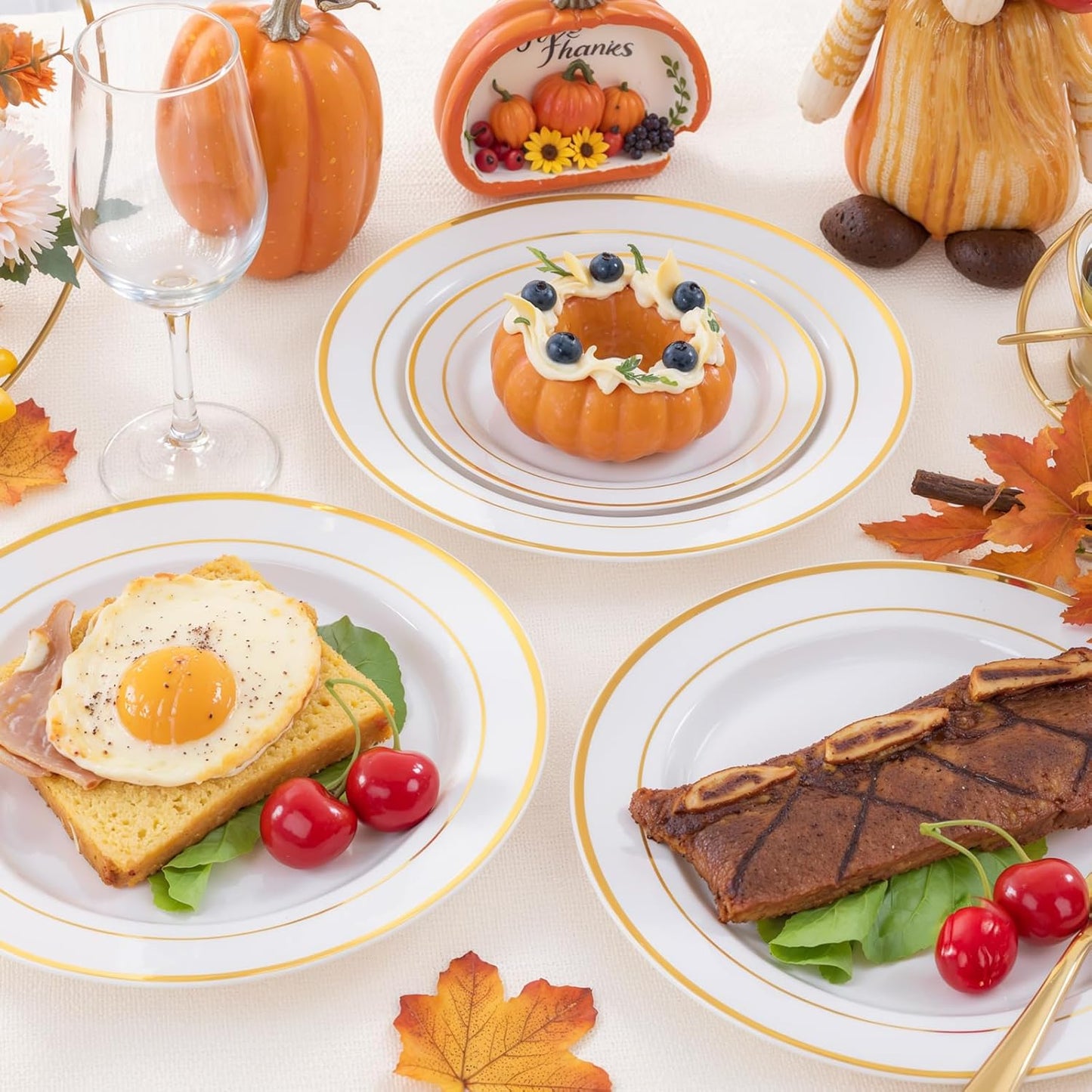 FLOWERCAT 60PCS Gold Plastic Plates - Heavy Duty White and Gold Plastic Plates Disposable for New Year/Thanksgiving Party/Wedding - Include 30PCS 10.25" Dinner Plates and 30PCS 7.5" Dessert Plates