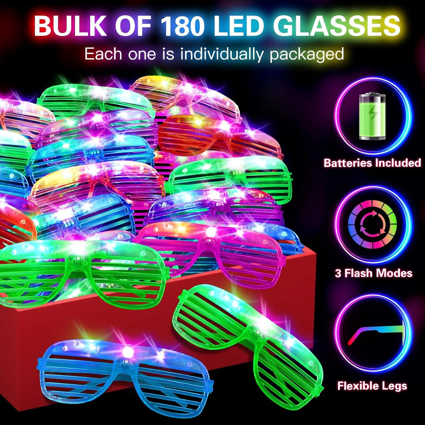 180 PCS Light Up Glasses, Glow In The Dark Party Supplies, LED Glasses, Neon Flashing Glasses Bulk for Kids and Adults, Glow Glasses for Glow Party, Wedding, Birthday, Halloween, Rave Carnival