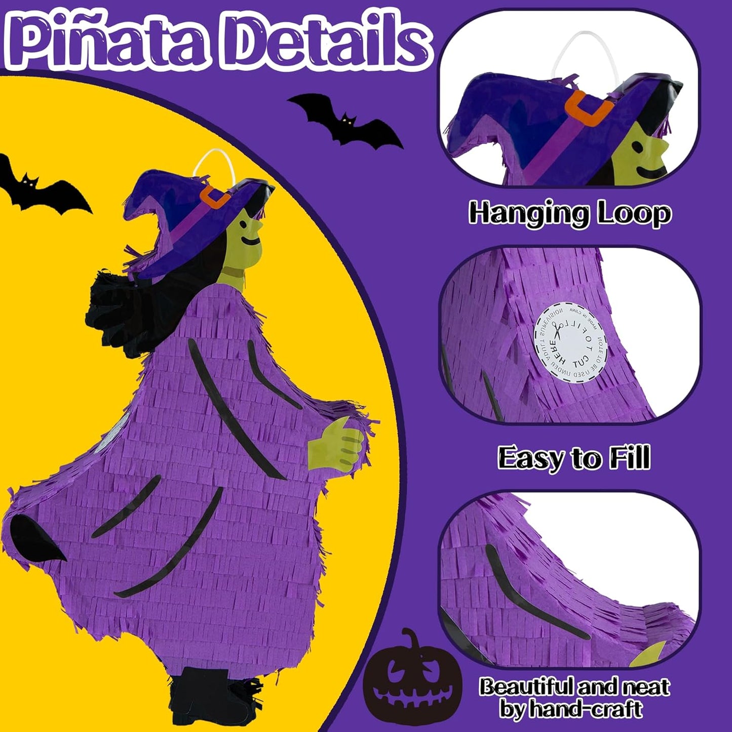 PCFING 21.6 Inch Halloween Witch Piñata with 30 Inch Piñata Stick Blindfold Confetti for Boy Girl Adults Halloween Wicked Scary Party Decorations，Candy Game，Trick Treat Party