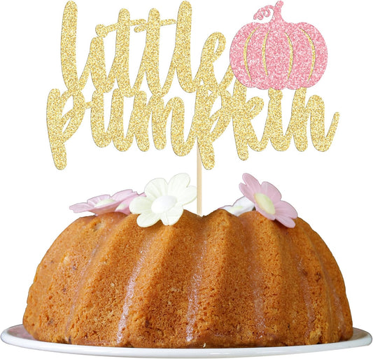Gyufise Little Pumpkin Cake Topper - Pink Glitter Fall Girl Baby Shower Cake Decoration for Birthday, Halloween, Thanksgiving Party Supplies (1Pcs)