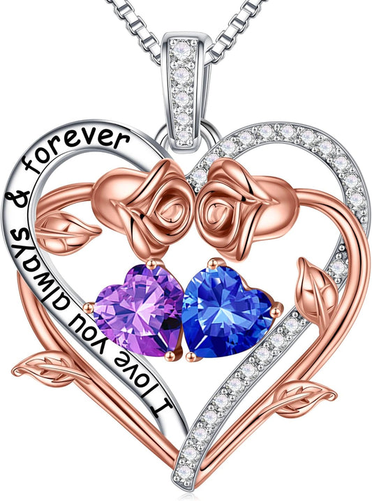 Iefil Rose Heart Double Birthstone Necklace Gifts for Wife Her Mom Women, Birthstone Jewelry Gemstone Birthday Gifts for Girlfriend Grandma Her Wife Women