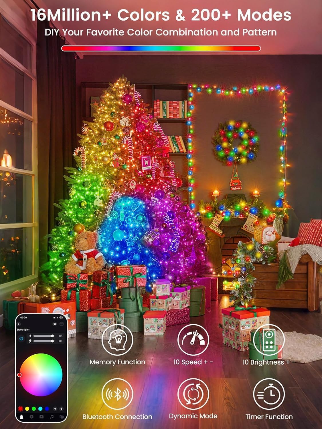 400LED Smart Color Changing Christmas Lights App Controlled, 142FT Waterproof RGB Twinkle String Light Music Sync Multiple Modes, Christmas Lights with Remote & Timer Indoor Outdoor Xmas Decorations