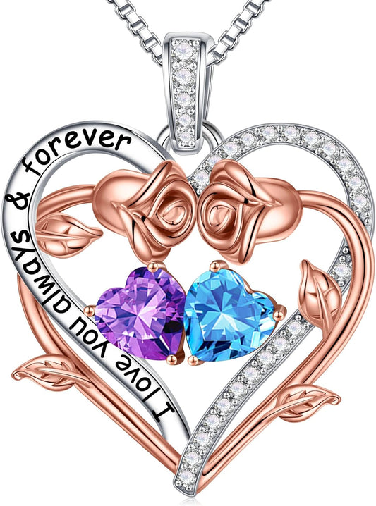Iefil Rose Heart Double Birthstone Necklace Gifts for Wife Her Mom Women, Birthstone Jewelry Gemstone Birthday Gifts for Girlfriend Grandma Her Wife Women