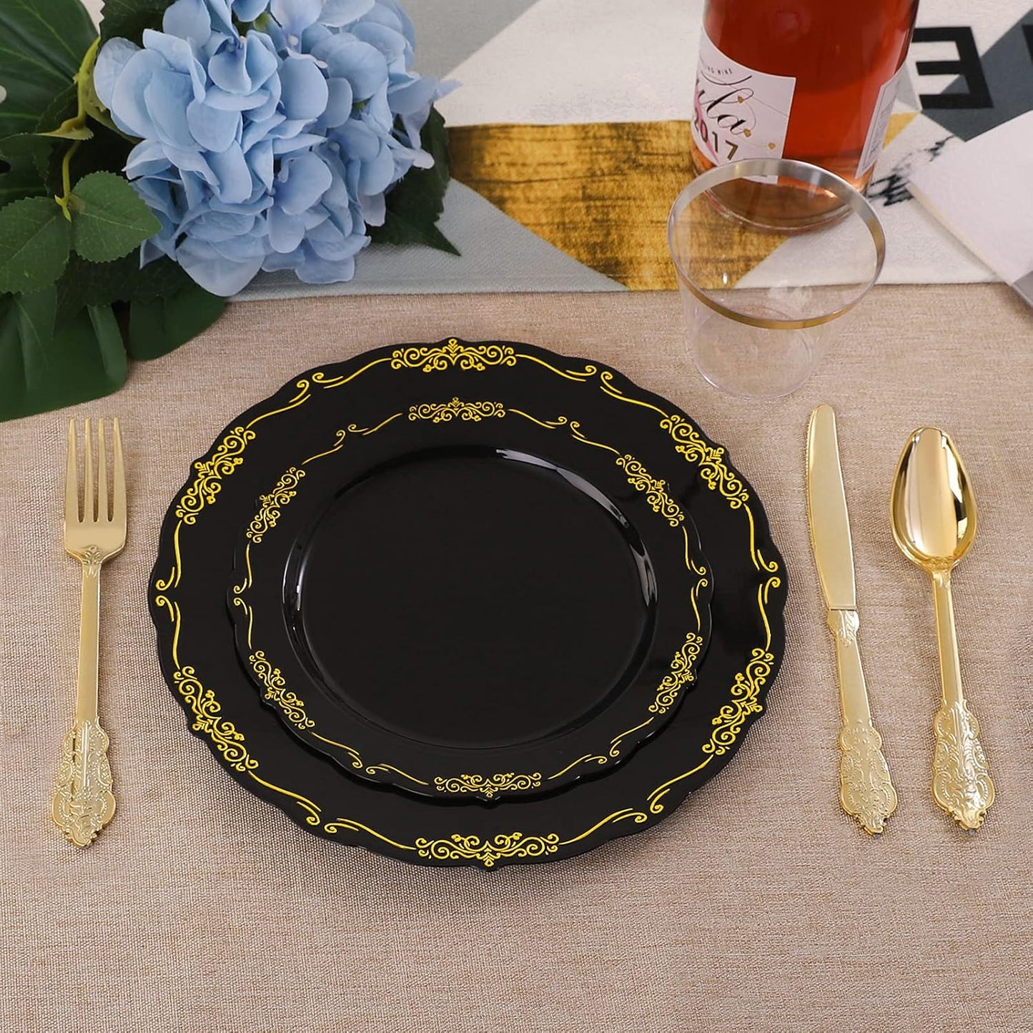 U-QE 175PCS Black Plastic Plates&Pre Rolled Napkins with Gold Cutlery, Black and Gold Plastic Dinnerware Set for 25Dinner Plates, 25Dessert Plates, 25Cups, 25Gold Silverware Sets, 25Napkins for Party