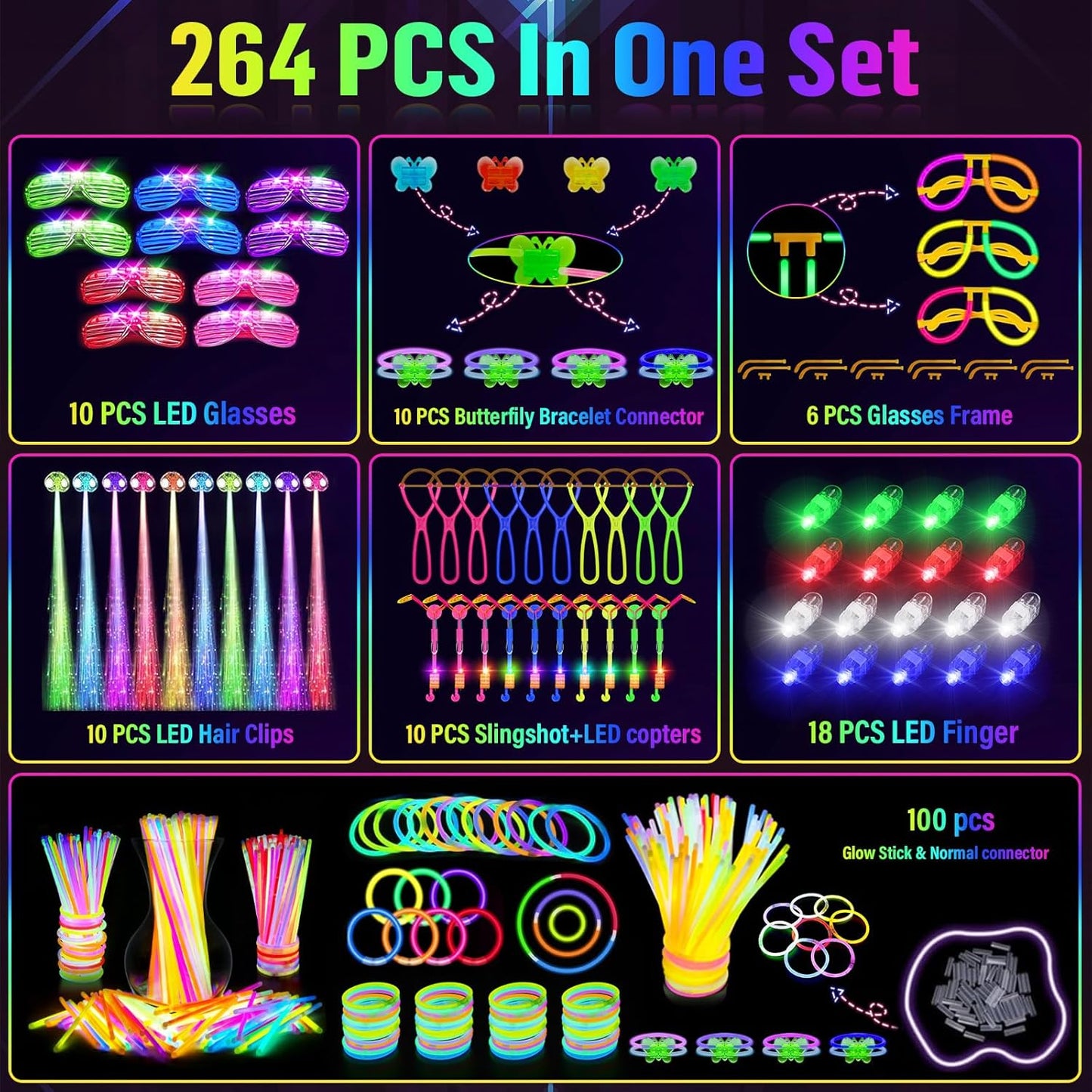 Glow in the Dark Party Supplies, 264 PCS Light Up Party Favors with LED Glasses,Glow Sticks,Finger Lights,LED Hair Clips,Slingshot,Glasses Molds,Butterfly Bracelet for Birthday,Raves,New Year
