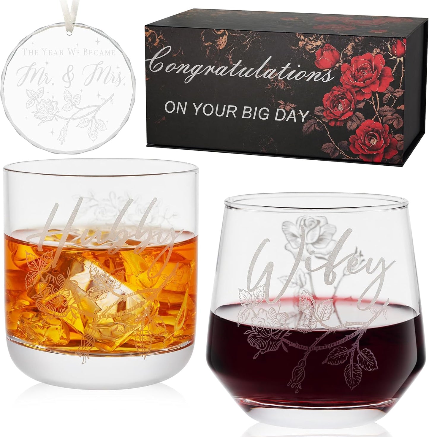 Laser engraving Wedding Gifts for Couples – His and Hers Whiskey & Wine Glasses with Glass Ornament | Perfect Bridal Shower, Engagement Gifts for Hubby and Wifey
