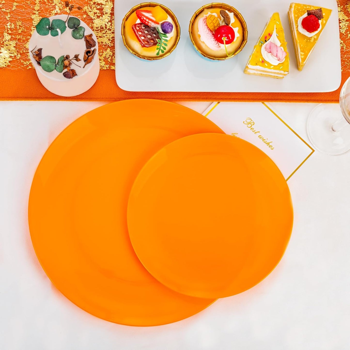 PULOTE 100PCS Orange Plastic Plates - Premium Hard Orange Disposable Include 50 Each(10.25 Inch Dinner & 7.5 Inch Dessert) Plates, Ideal for Thanksgiving Party