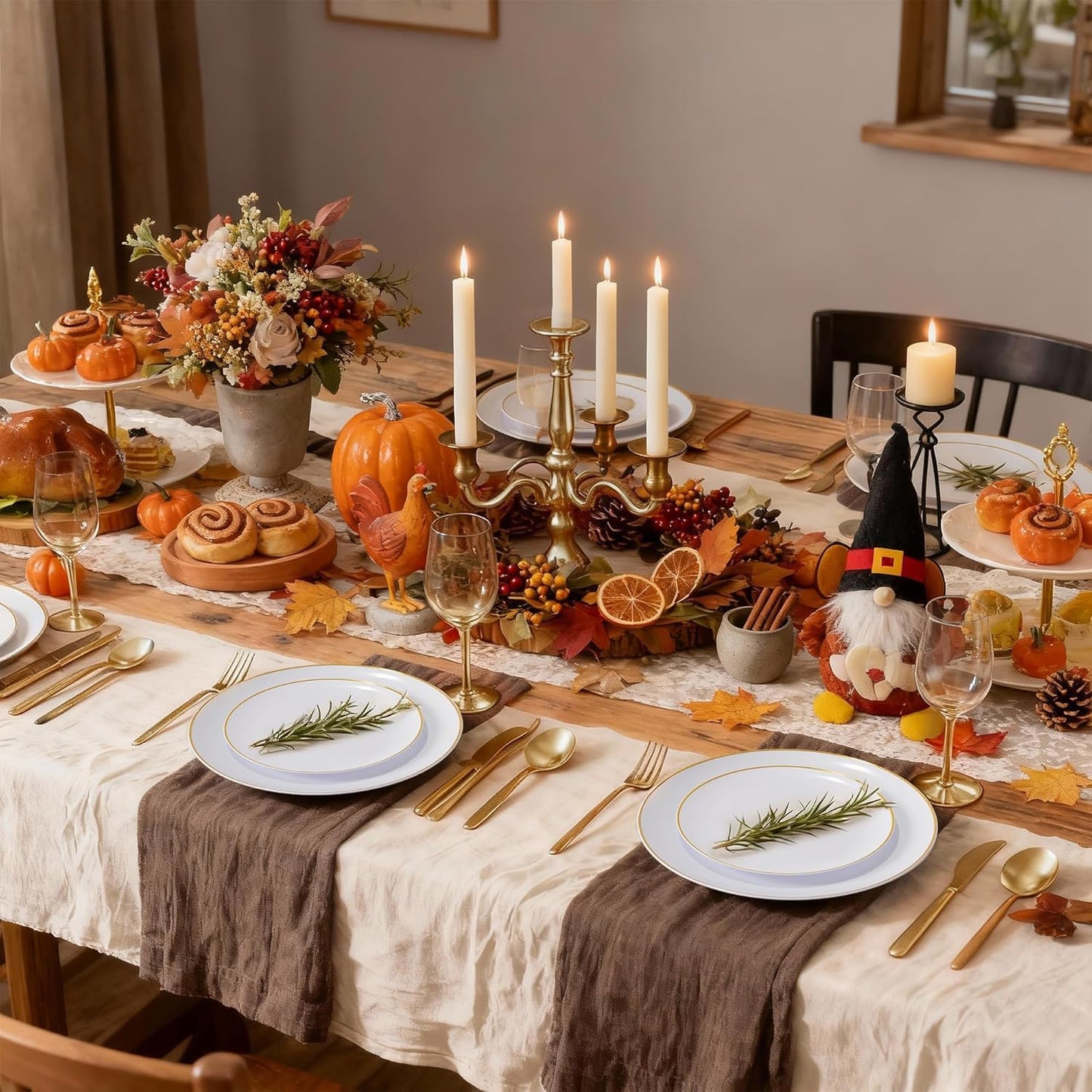 MirthMood 210Pcs Gold Dinnerware Sets, Gold and White Plastic Party Plates, Includes:30 Dinner Plates, 30 Dessert Plates, 30 Paper Towels with 90 Silverware & 30 9oz Cups