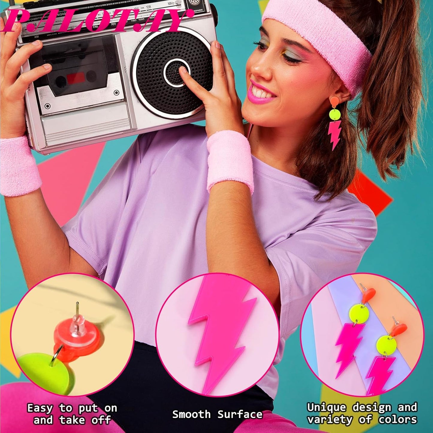 80s 90s Retro Cassette Tape Neon Earrings for Women Acrylic Radio Earring Set for 80s 90s Accessories Cosplay Party Jewelry Gifts