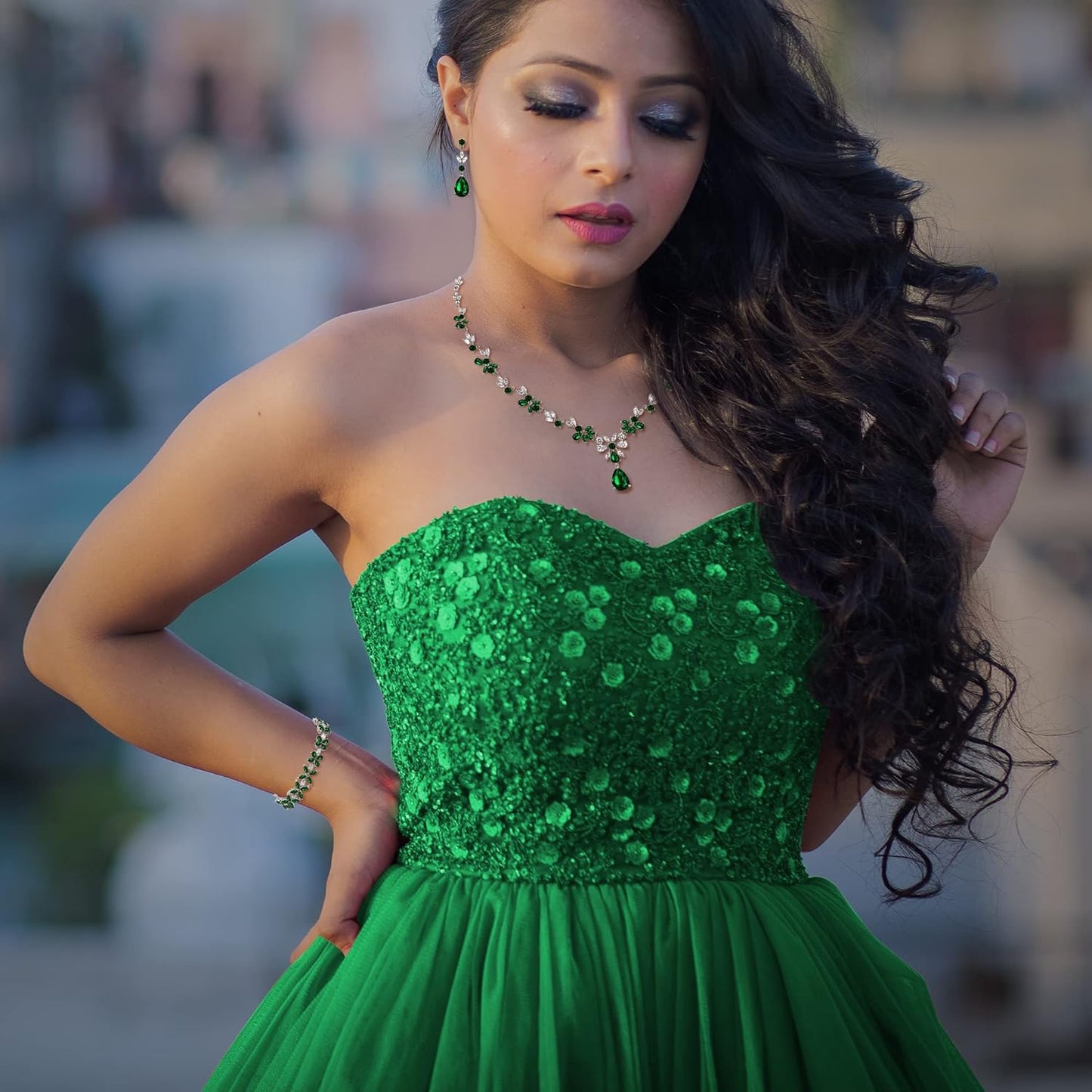 Crysdue Wedding Jewelry Set for Women, Floral Leaf Vine Teardrop Necklace Dangle Earrings Bracelet and Hair Comb, Cubic Zirconia Elegant Party Prom Jewellery for Bridal Bridesmaid