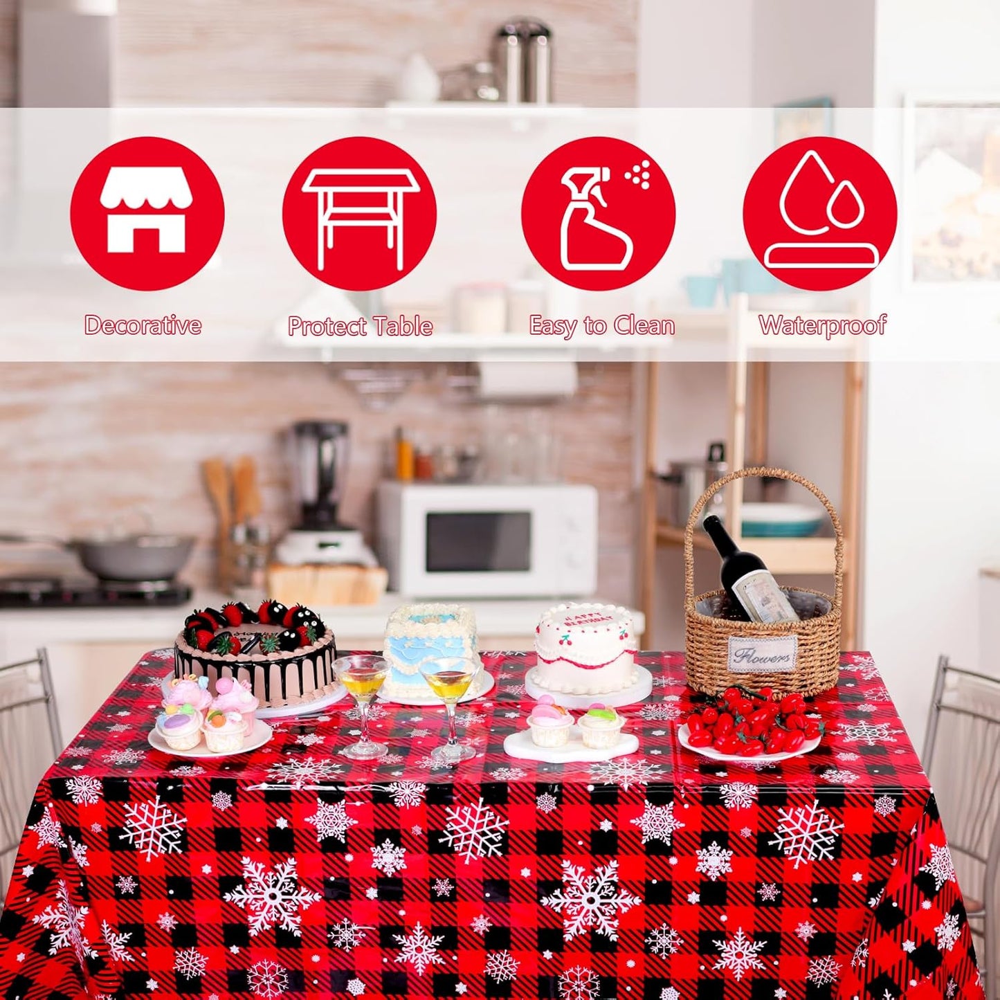 6 Pack Christmas Buffalo Plaid Snowflake Tablecloths, 54 x 108 inch Winter Snowflake Plastic Table Cloth Disposable Rectangle Table Cover for Christmas New Year Holiday Party