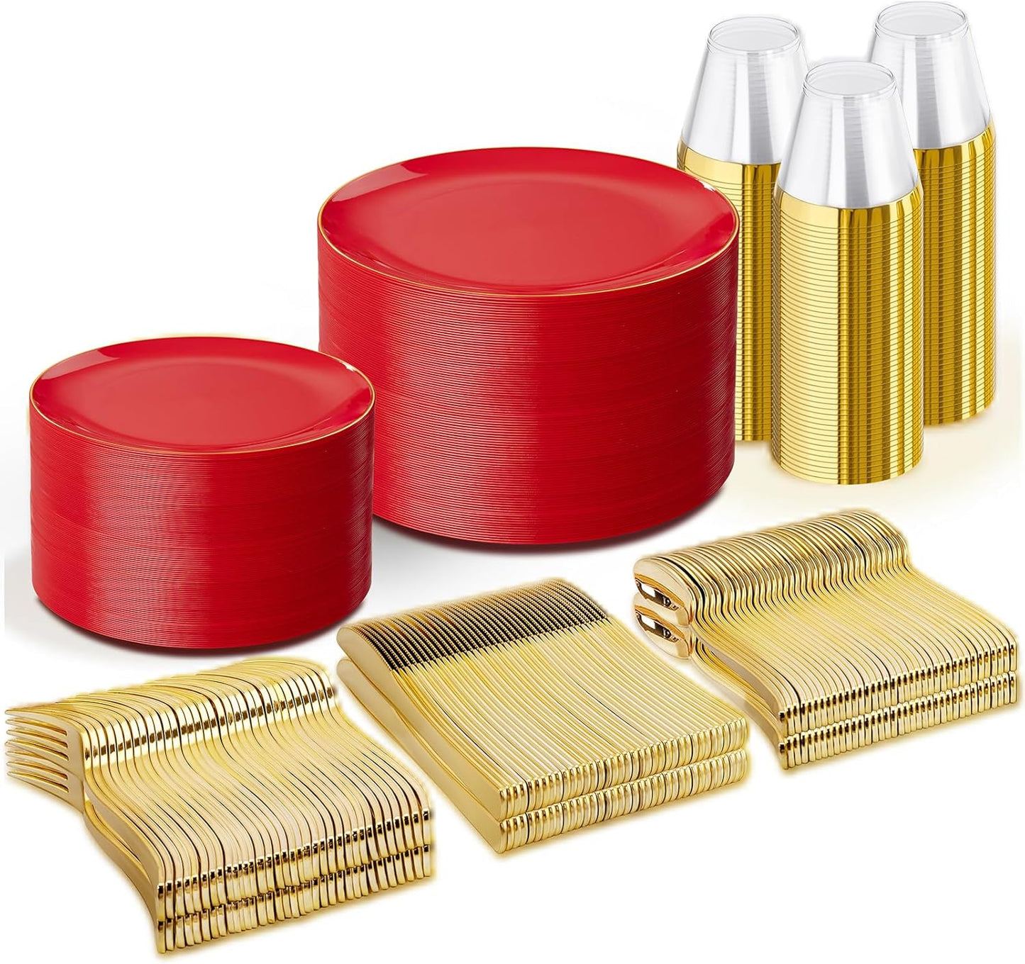 WDF 300Pcs Red Disposable Plates - Christmas Plates - 50guest Disposable Dinnerware Include 50 Dinner Plate, 50 Dessert Plate, 150 Cutlery & 50 9oz Cups for Christmas & Parties