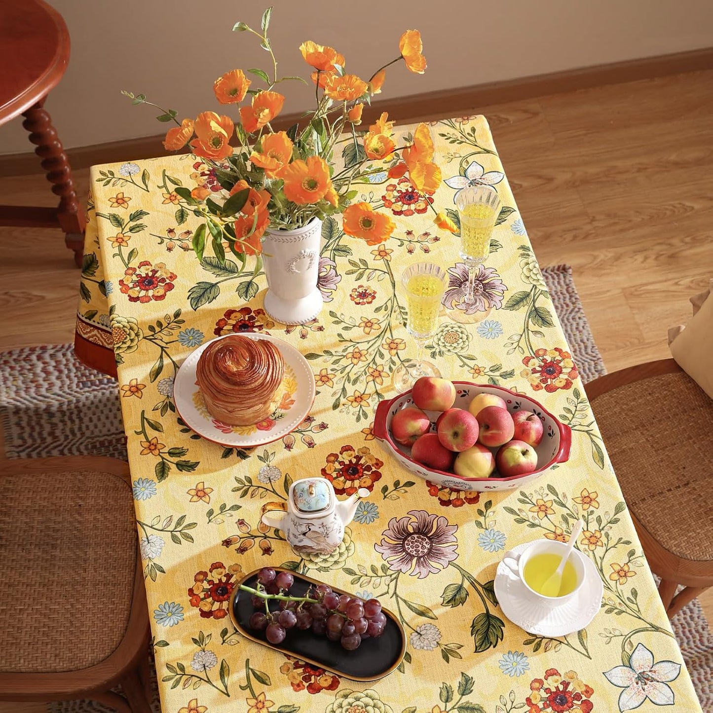 Vintage Linen Tablecloth for Square Table,Yellow Floral French Wrinkle Free Tablecloths,Decorative Table Cover for Kitchen,Dining,Thanksgiving,Christmas,Party,67"*67"-Bellano