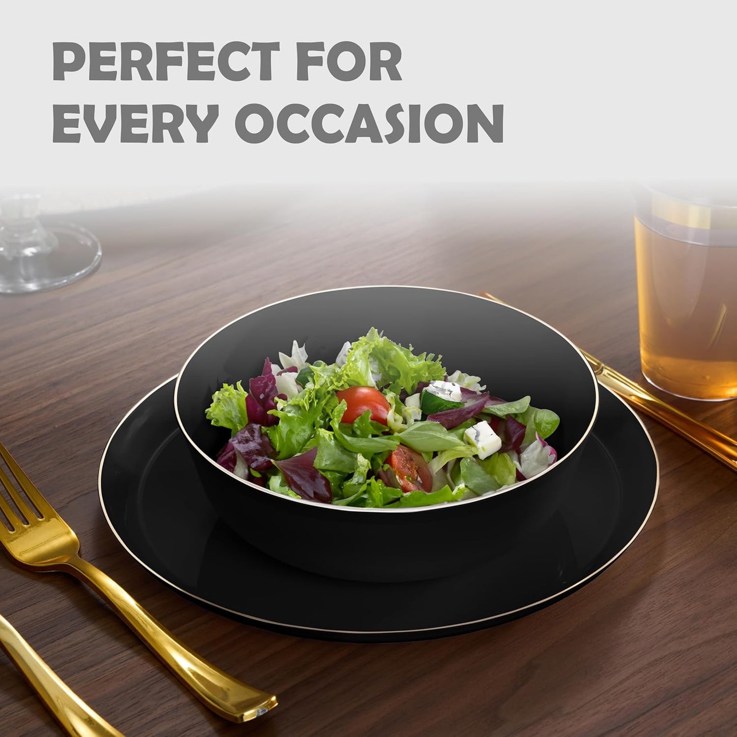 BloominGoods Disposable Plastic Soup Bowls, 50-Pack 14 Oz. Heavyweight Black With Gold Rim Bowls For Party, Wedding Or Event