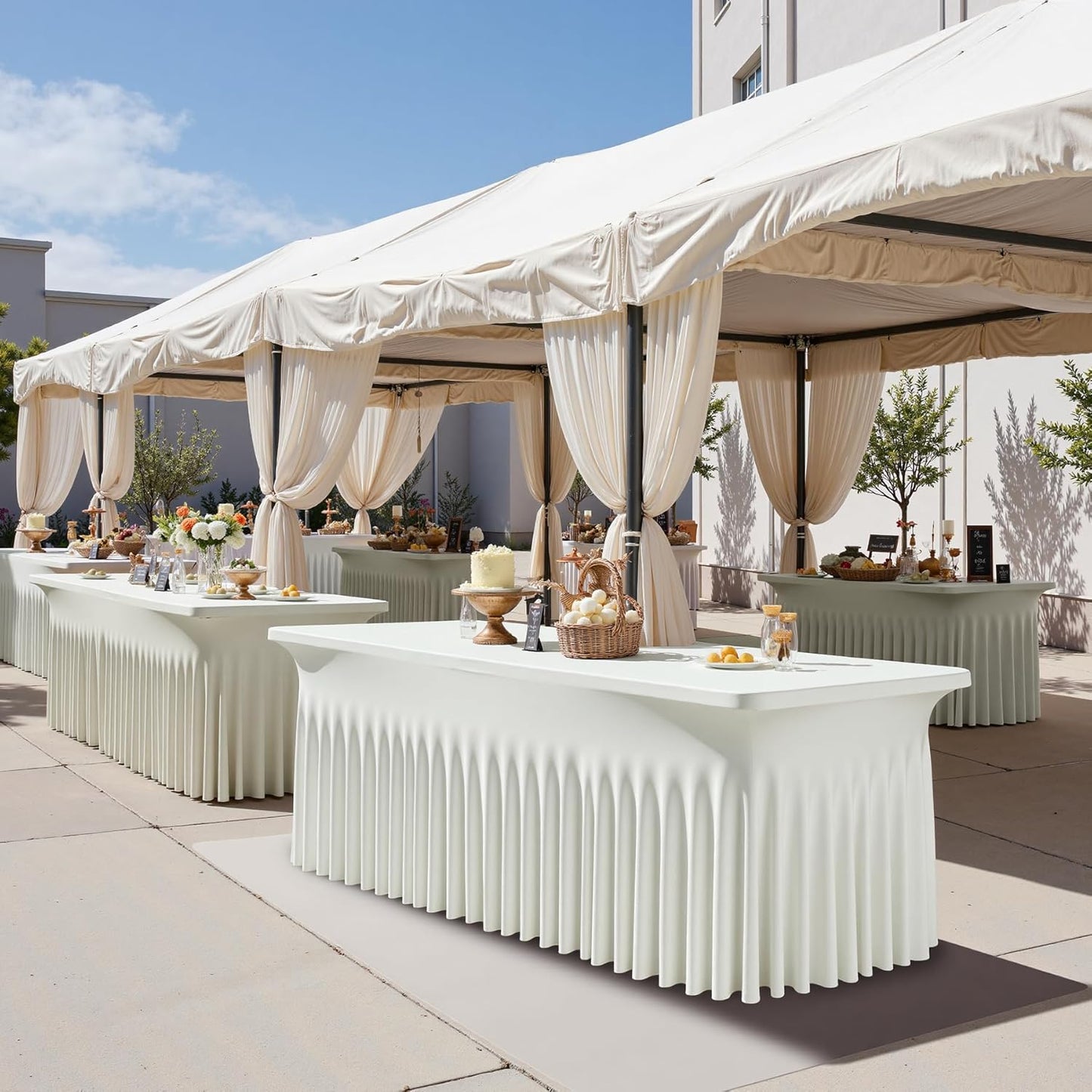 NSSONBEN 2 pk Ivory Spandex Tablecloth for 8 Foot Rectangle Tables,Wrinkle Free High Stretch Cream Fitted Tablecloths with Ruffle Skirt, Elastic Spandex Table Covers 8ft for Parties Weddings Banquet