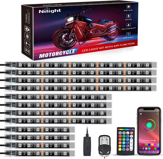 Nilight 12PCS Motorcycle RGB Led Light Kit Waterproof Multi Color Atmosphere Neon Accent APP and Remote Control Underbody Strips for Harley Davidson Honda Kawasaki Suzuki