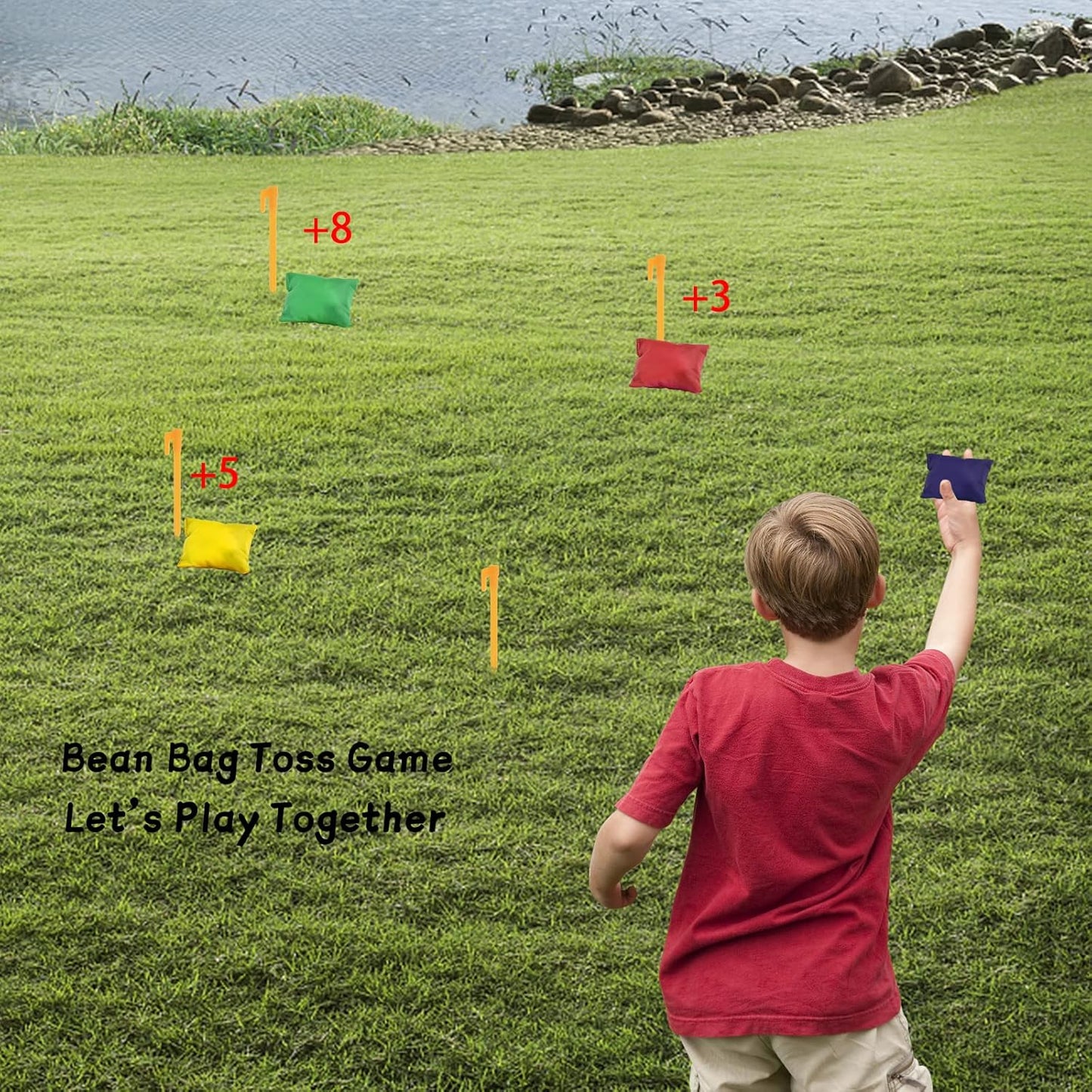 GOLDGE 28 Piece Outdoor Games Kit for Kids, Includes Potato Sack Race Bags, Bean Bag Toss, 3 Legged Race Bands, Egg Spoon Relay, for Easter & Birthday Parties