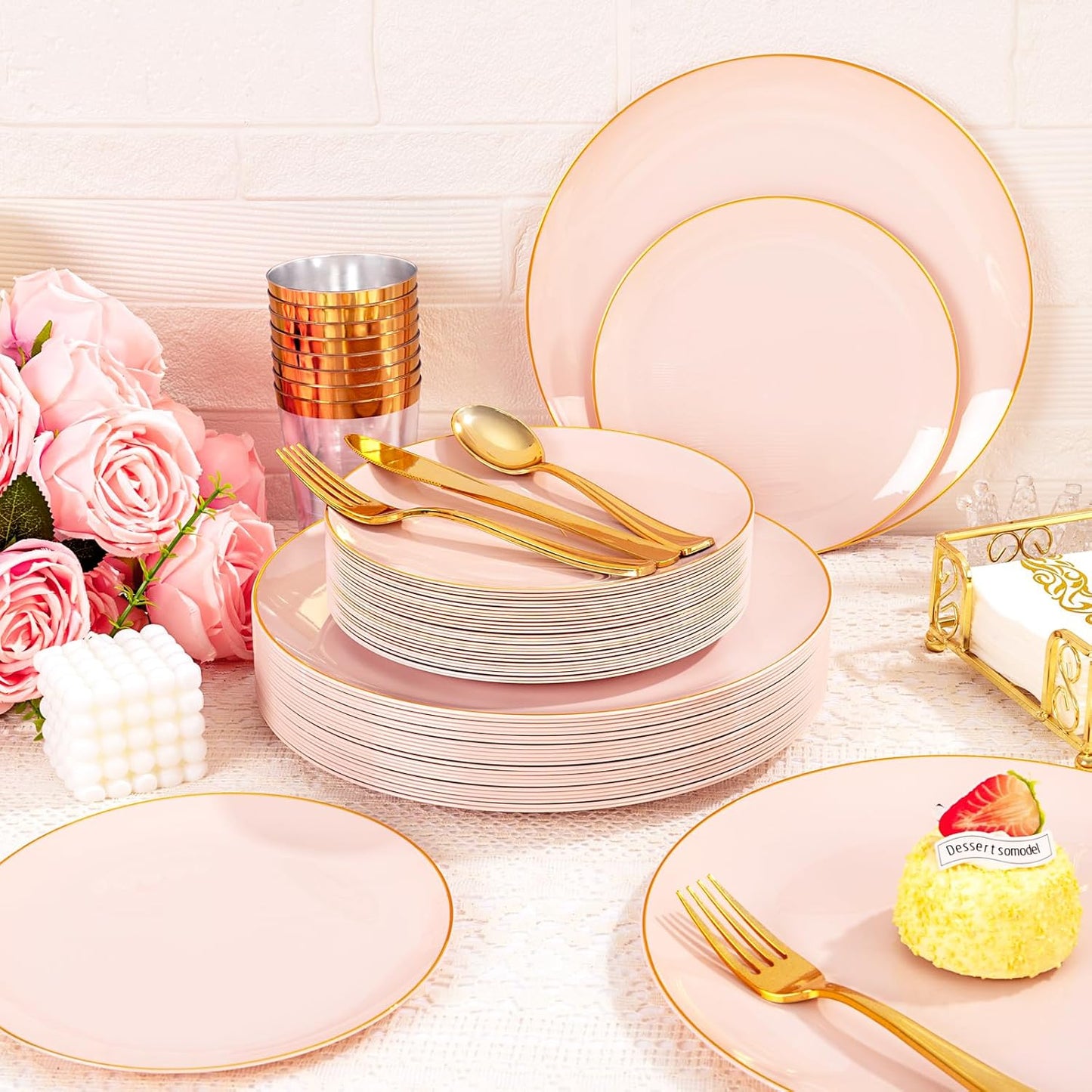 YOUBET 175PCS Pink Plastic Plates - Pink and Gold Disposable Plates Include 50 Plastic Plate, 75 Silverware, 25 Cups, 25 Napkins for Wedding & Party & Birthday
