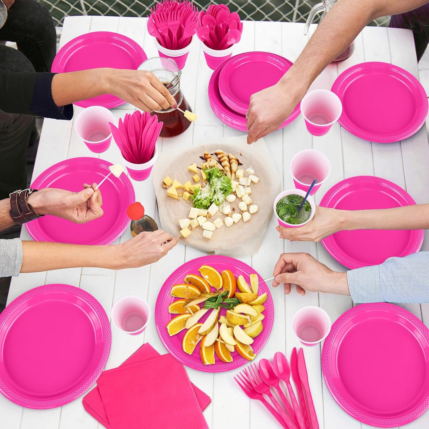 Aodaer 400 Pieces Hot Pink Party Supplies Disposable Dinnerware Set Include Plastic Plates Cups Knives Forks Spoons Paper Napkins for Birthday Wedding Graduation Parties, Serve 50 Guests
