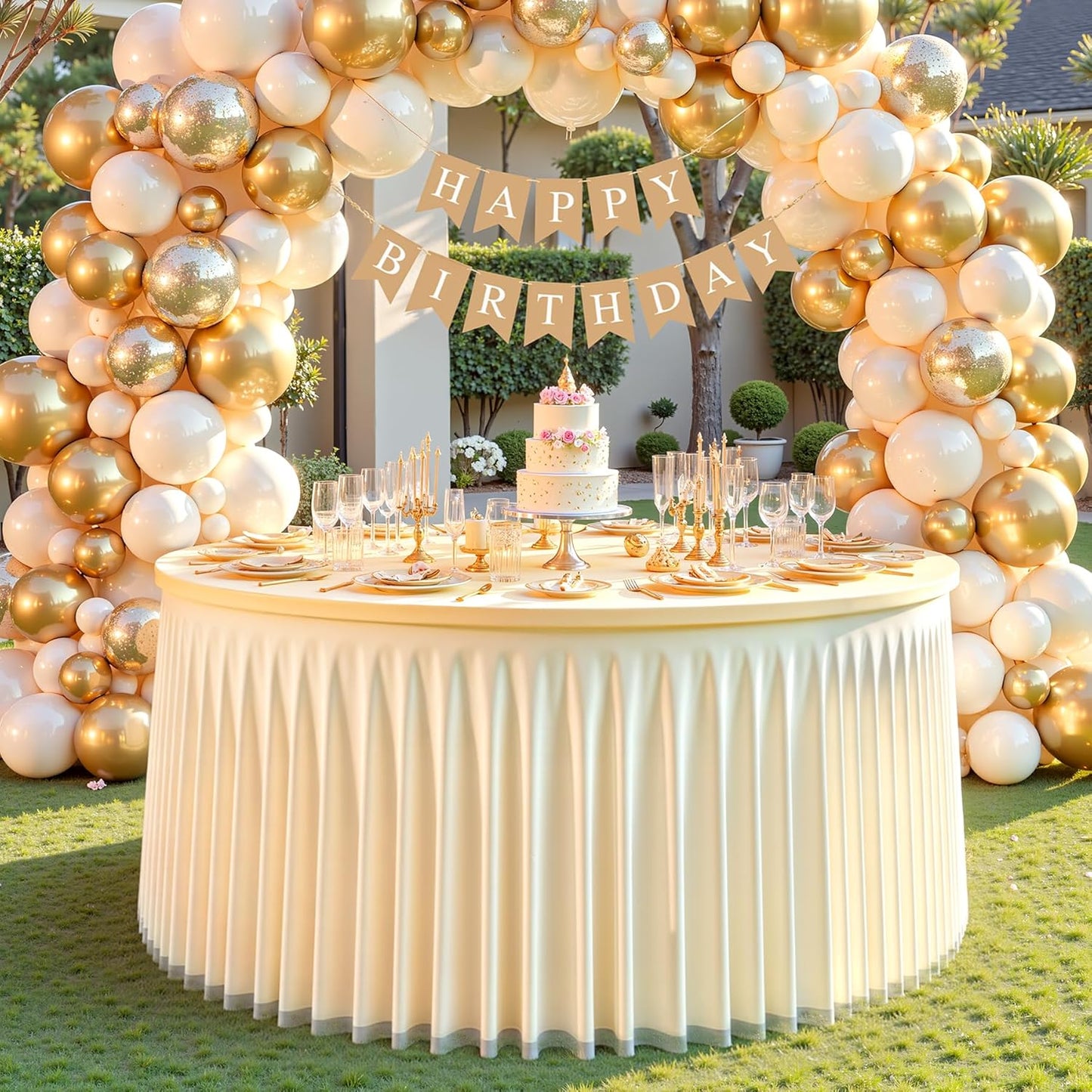 Champagne Tulle Round Tablecloth for 60 inch Tables, Spandex Fitted 5FT Champagne Round Table Covers with Tulle Tutu Skirt for Baby Shower Wedding Birthday Party Cake Banquet Table Decoration