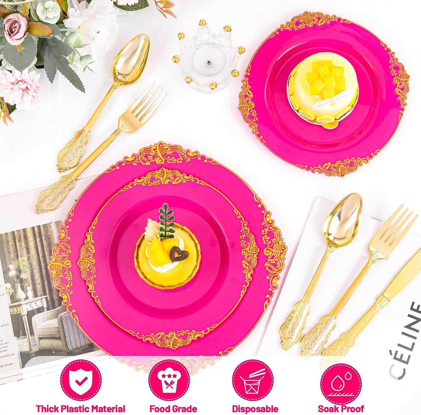 125PCS Hot Pink Plastic Plates - Pink Disposable Plate - Elegant Party Plates with Gold Plastic Silverware Sets for 25 Guests for Party & Birthday & Baby Shower