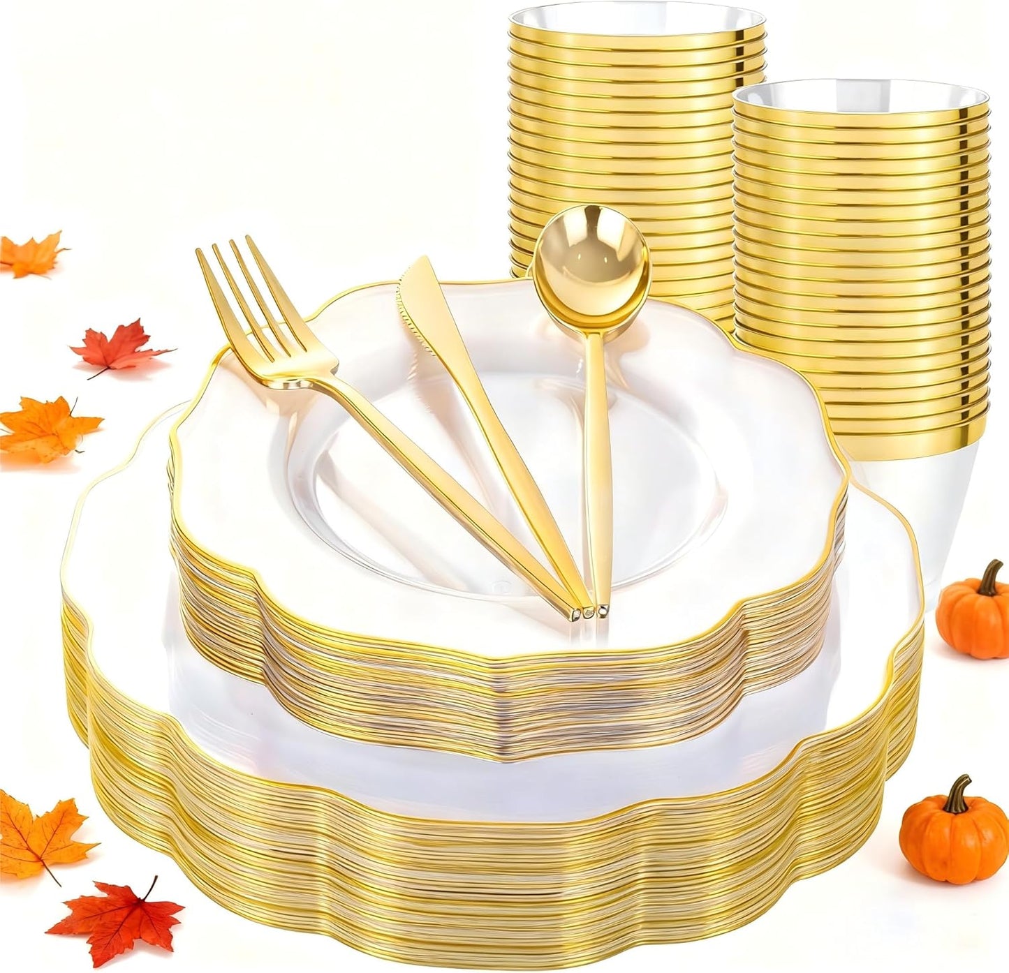 bUCLA 180PCS Clear Plastic Plates with Gold Trim - Clear Gold Plastic Dinnerware Include 30 Dinner & Dessert Plates, 30 Knives, 30 Forks, 30 Spoons and 30 Cups for Party & Thanksgiving
