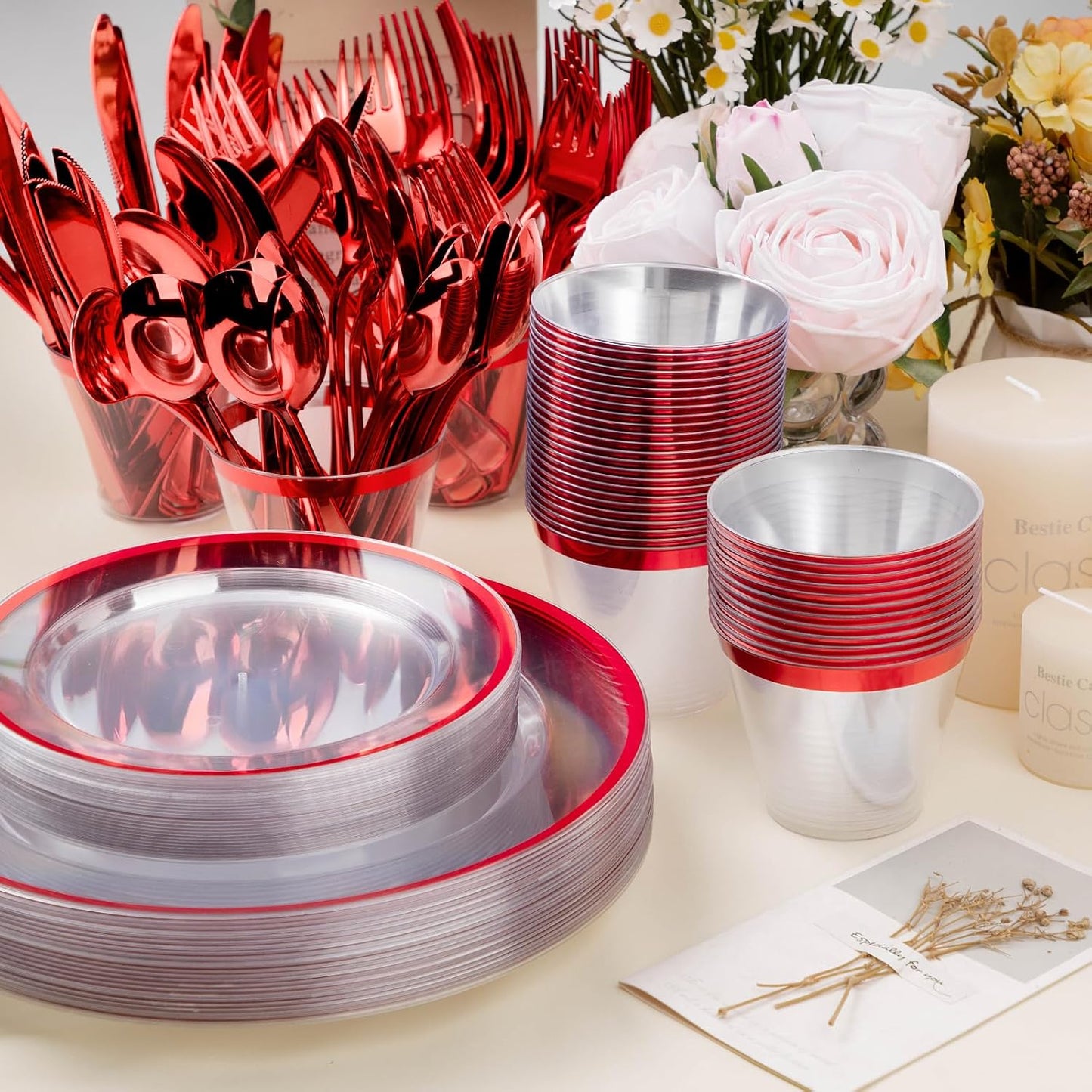 350PCS Red and Clear Plastic Dinnerware Sets for 50 Guests, Include 100 Red Disposable Party Plates, 100 Forks, 50 Knives, 50 Spoons, 50 Cups,christmas party supplies