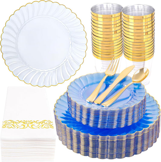 YOUBET 175PCS Clear Blue Scalloped Plastic Plates - Blue and Gold Disposable Dinnerware Set Include 50 Plates, 75 Gold Silverware, 25 Cups, 25 Napkins for Party & Wedding & Baby Shower