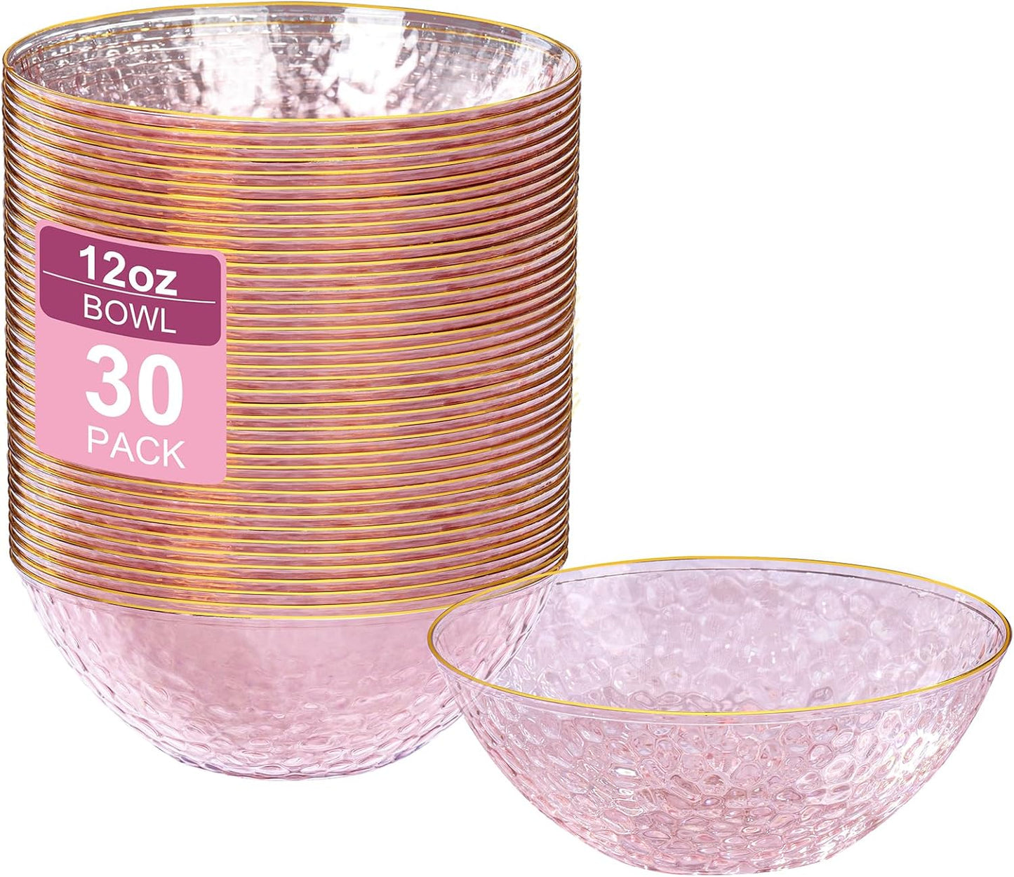 I00000 30 Pack 12 Ounce Pink Plastic Bowls Hammered Clear Bowl with Gold Rimmed, Heavy Duty Disposable Bowl Set,Elegant Salad/Dessert/Ice Cream Small Bowls for Thanksgiving Party, Weddings, Catering