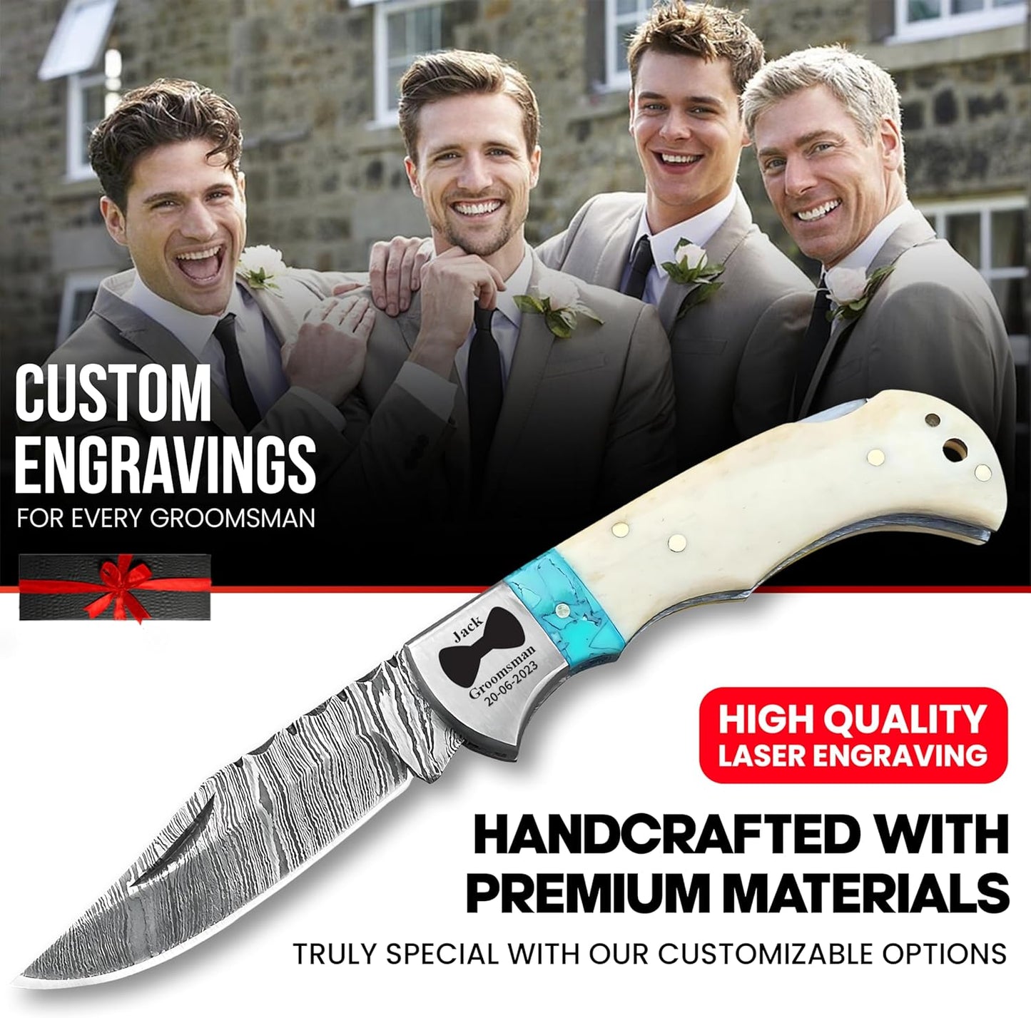 Set of 6 - Personalized Damascus Pocket Knife for Groomsmen -With Leather Sheaths - Custom Engraved Pocket Knives | Groomsman Gifts for Wedding, Groomsmen Proposal Gifts