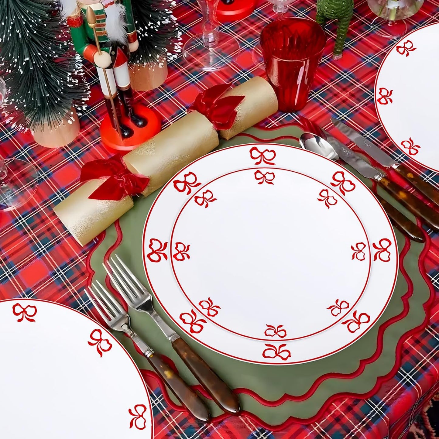 125PCS Red Bow Plastic Plates - White and Red Rim Disposable Plates - 50 Elegant Plates with Bowknot Patterns, 25 Forks, 25 Spoons, 25 Knives for Birthday & Christmas Party