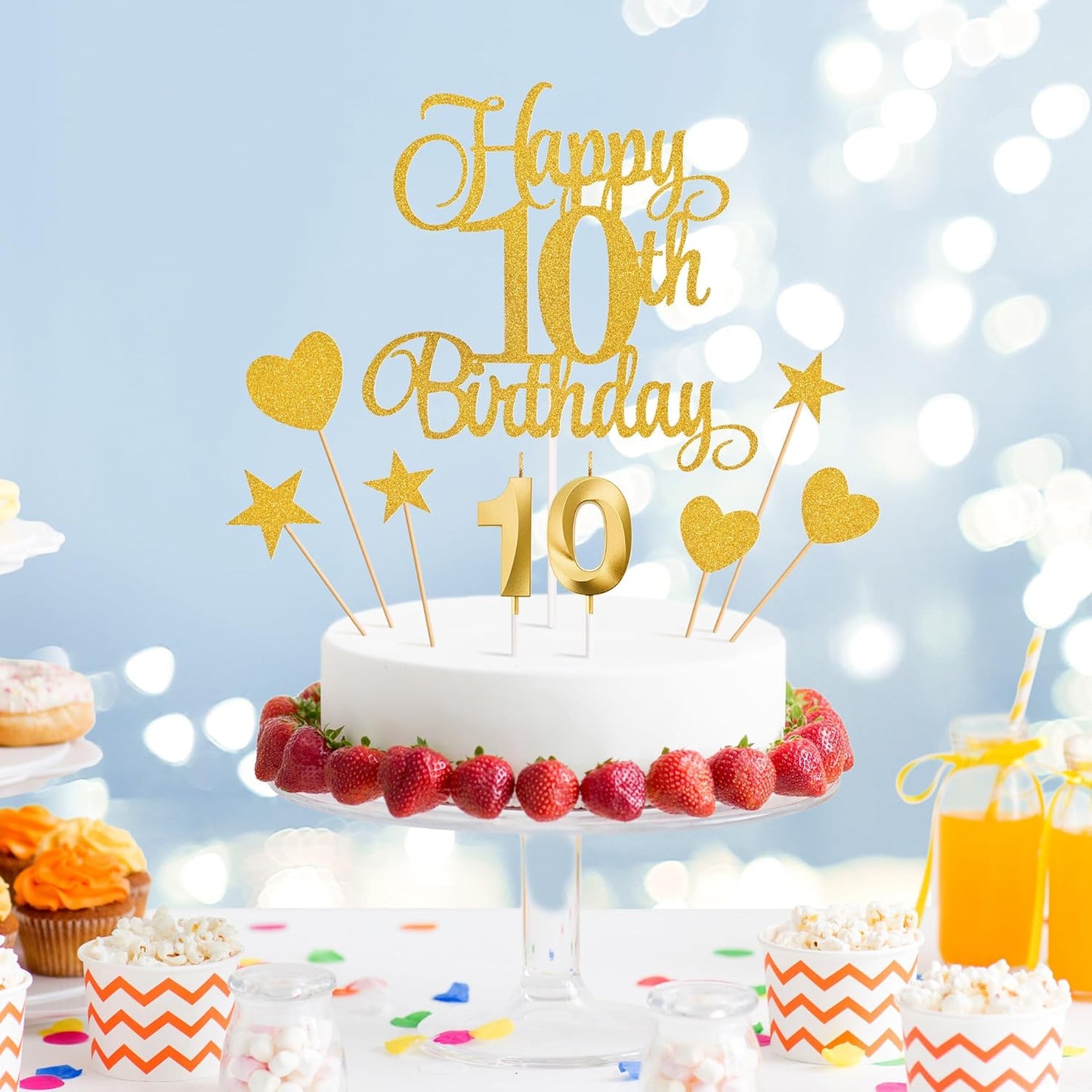 10th Birthday Cake Decorations, 10th Birthday Candles Cake Numeral Candles and Glitter Happy 10th Birthday Cake Toppers Set for Birthday Party Supplies (Gold)