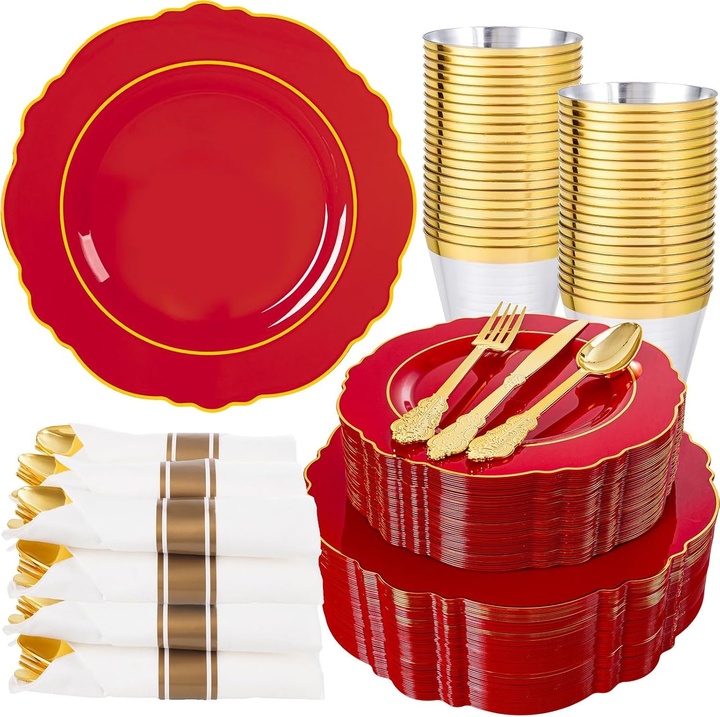 Liacere 350PCS Red Plastic Plates - Christmas Red Disposable Plates With Gold Rim - 50Guest Baroque Plastic Dinnerware include 100Plates-50Pack Pre Rolled Napkins with Silverware 50Cups for Christmas